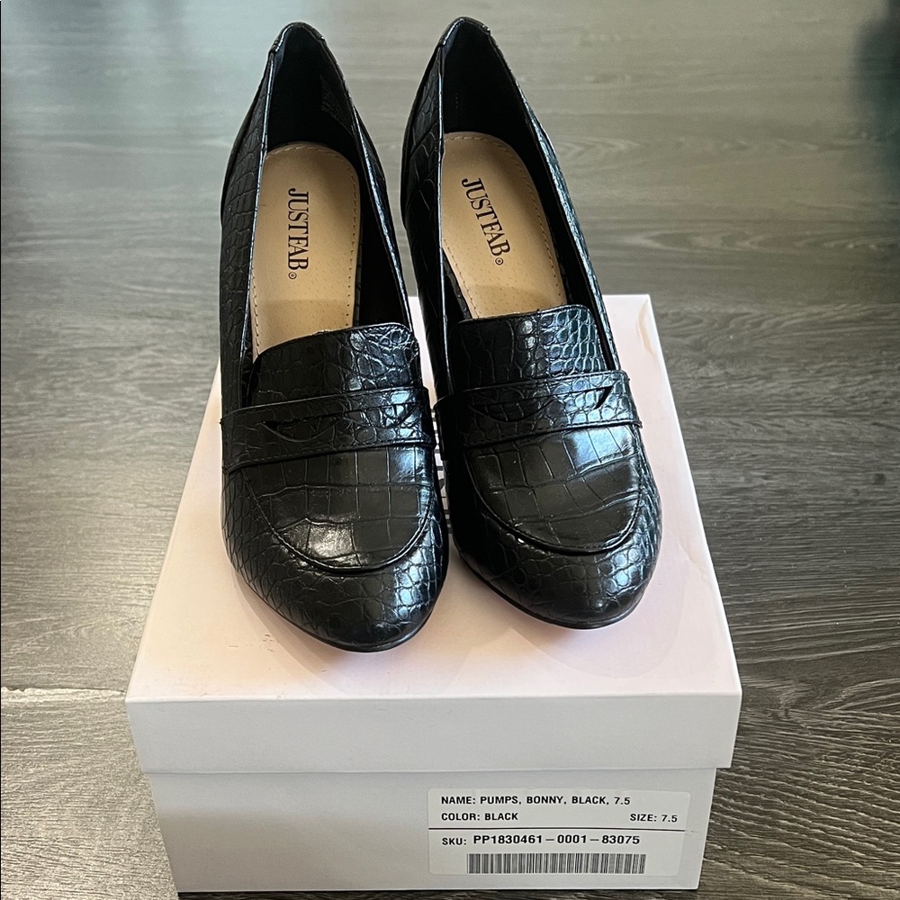 JustFab Black Croc-Embossed Loafer Heels (4.5inch)